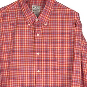 LL Bean Button Down Shirt Mens XL Red Blue Plaid 100% Cotton Long Sleeve Casual